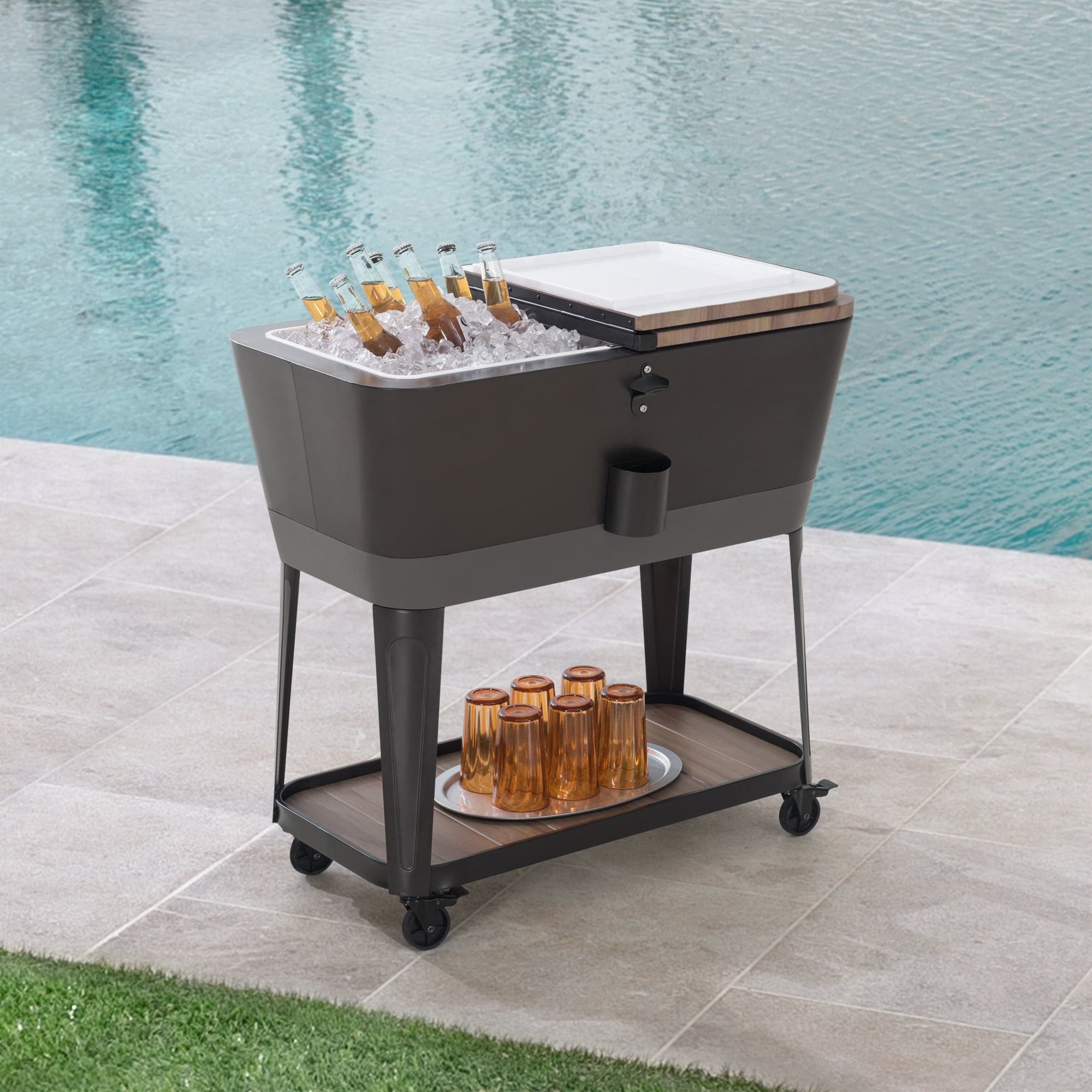Sunjoy 80-Quart Best Large Hard Beach Ice Cooler with Wheels and Shelf.