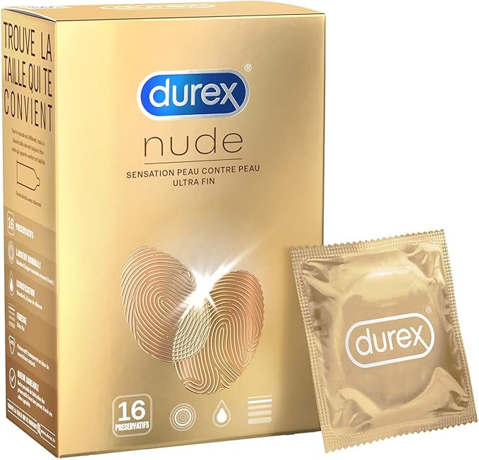 Durex NUDE - 16 Préservatifs pour Homme - Ultra Fins - Sensation Peau Contre Peau