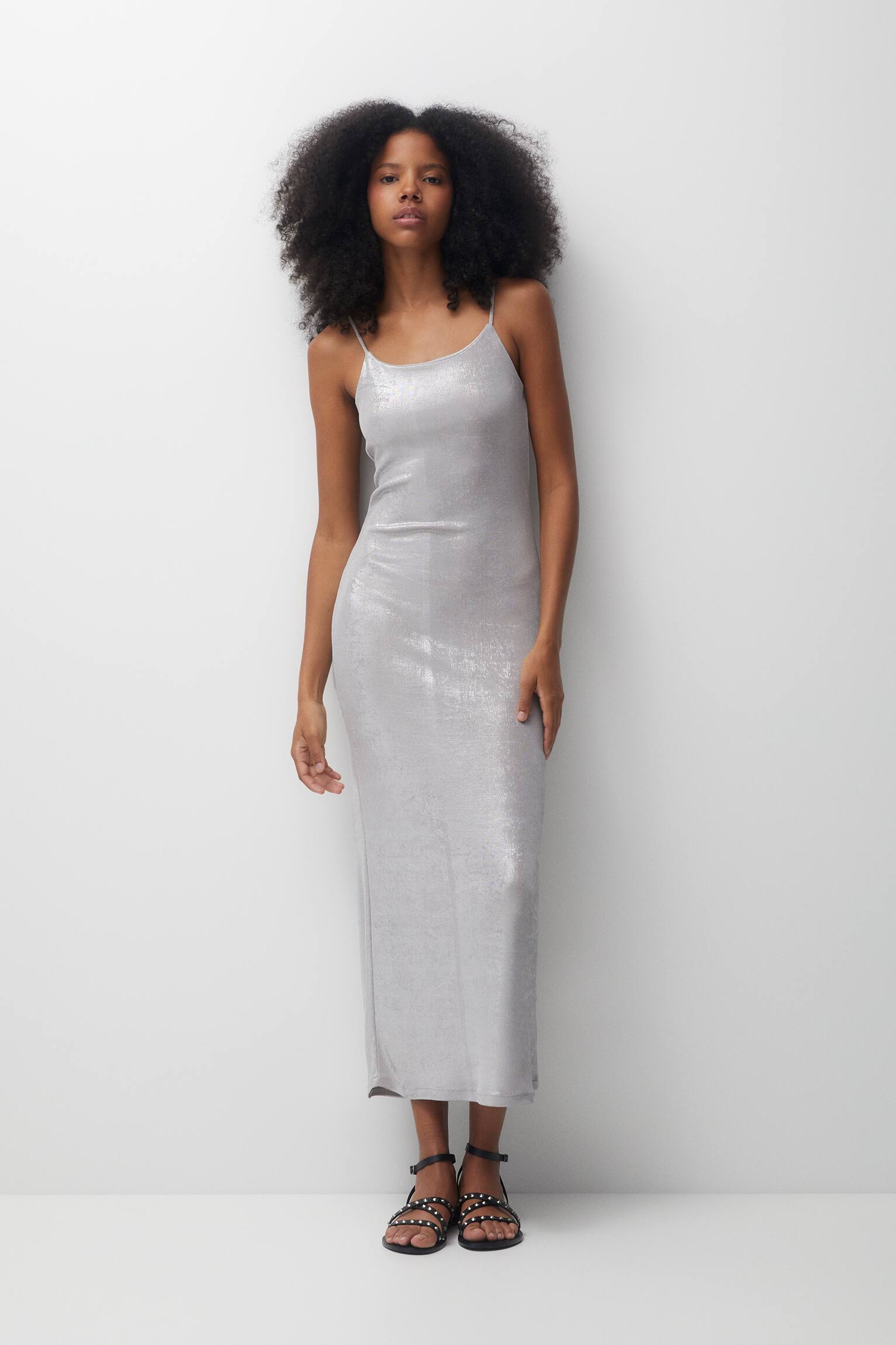 Long strappy silver dress, SILVER