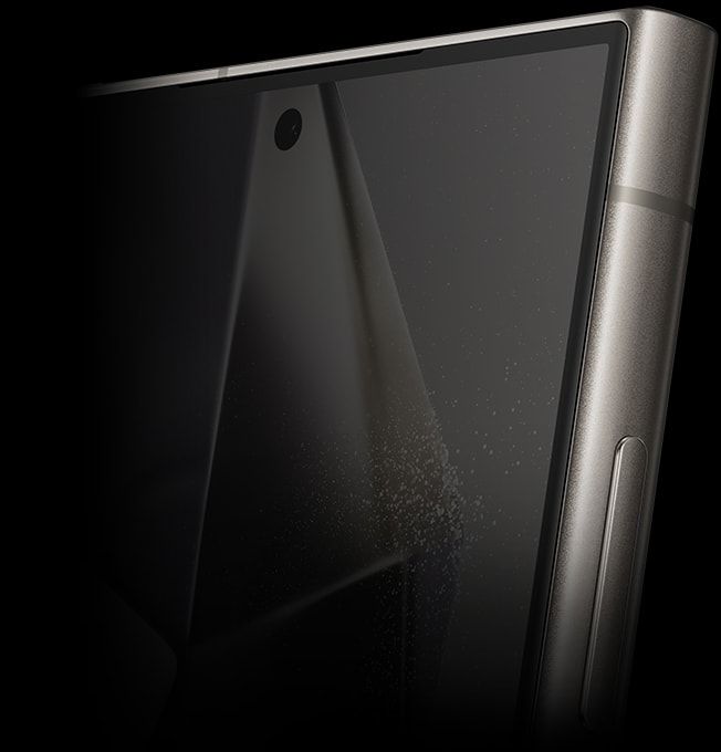 A close up of the Galaxy S24 Ultra display at a slight angle showing the sides.