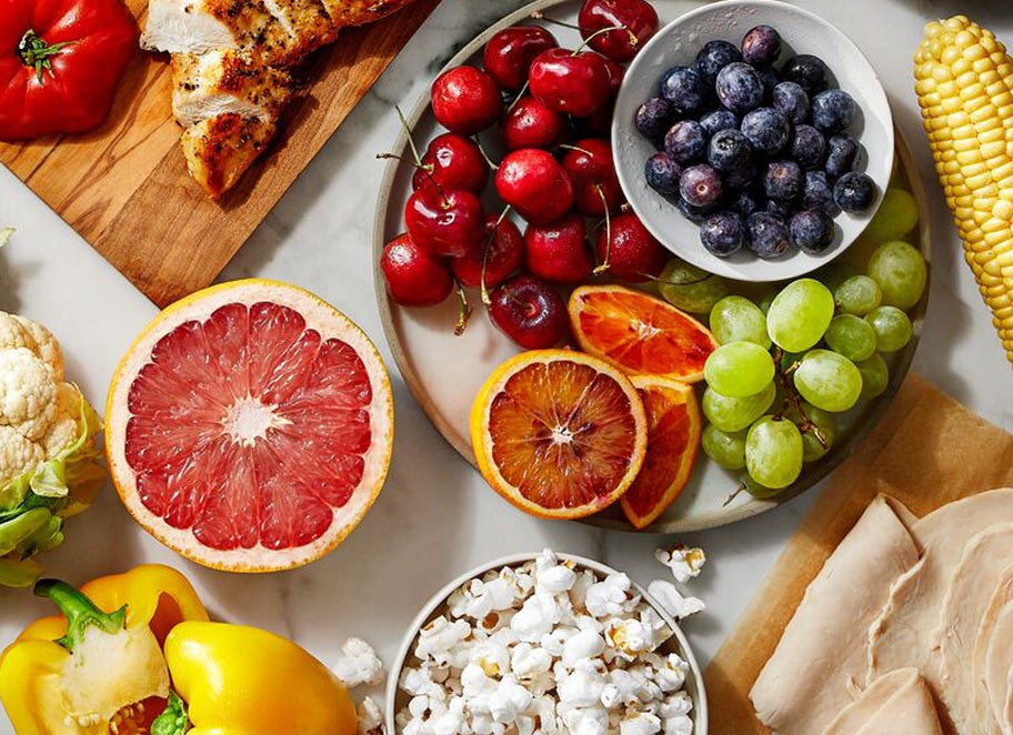 Grapefruit, Grapes, Popcorn, Chicken