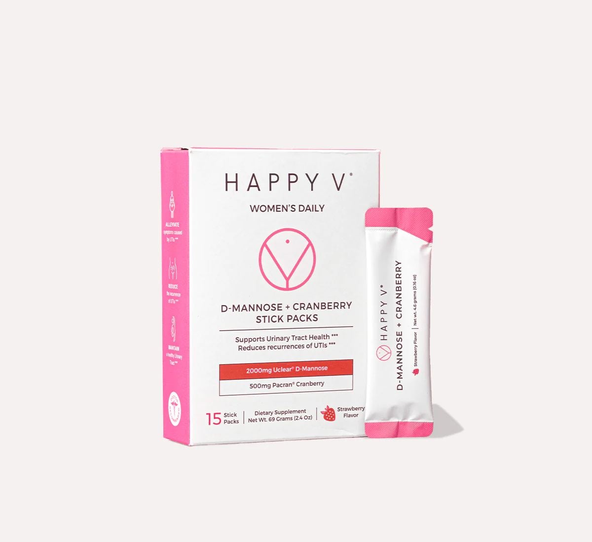 Happy V D-Mannose and Cranberry supplement stick packs