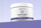 Happy V Ovarian Support supplement jar on a lavender background