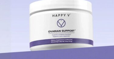 Happy V Ovarian Support supplement jar on a lavender background