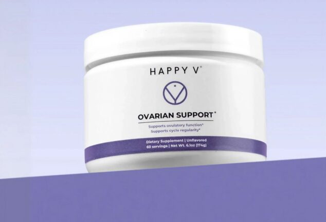 Happy V Ovarian Support supplement jar on a lavender background