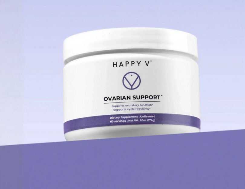 Happy V Ovarian Support supplement jar on a lavender background