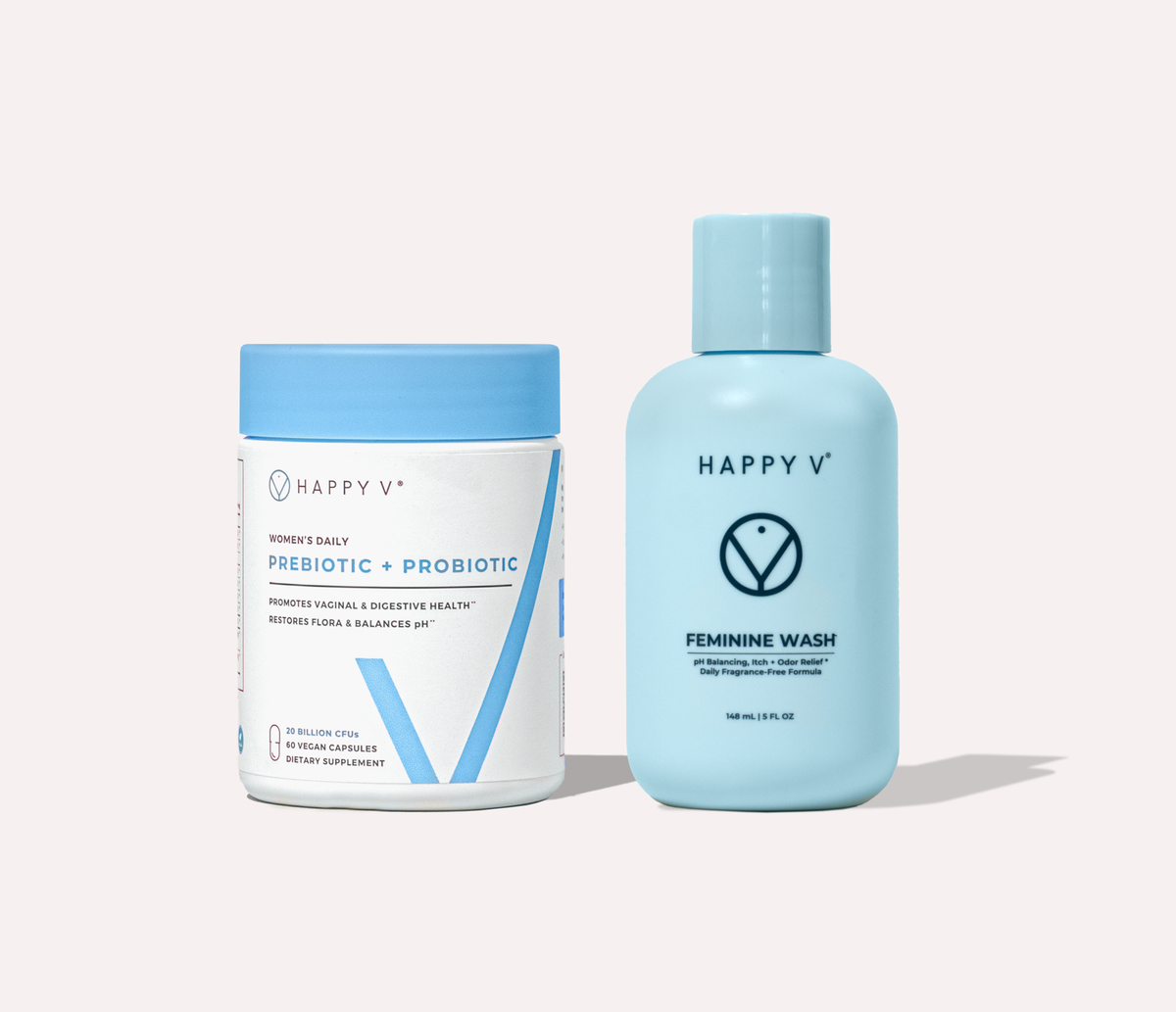 Happy V pH Balance Kit with probiotic jar and feminine wash bottle