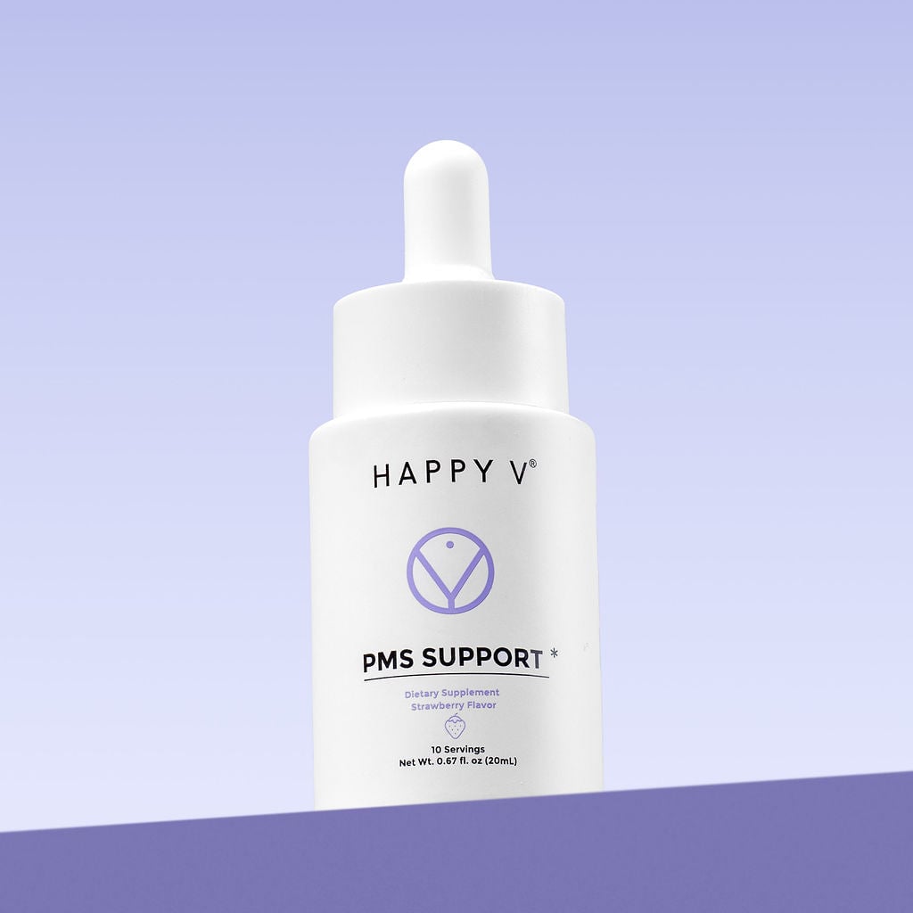 Happy V PMS Support supplement bottle on a purple background
