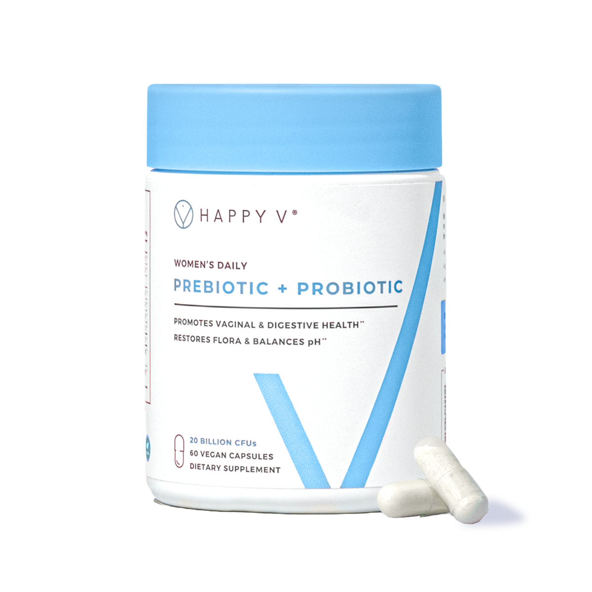 Happy V Prebiotic and Probiotic bottle with capsules