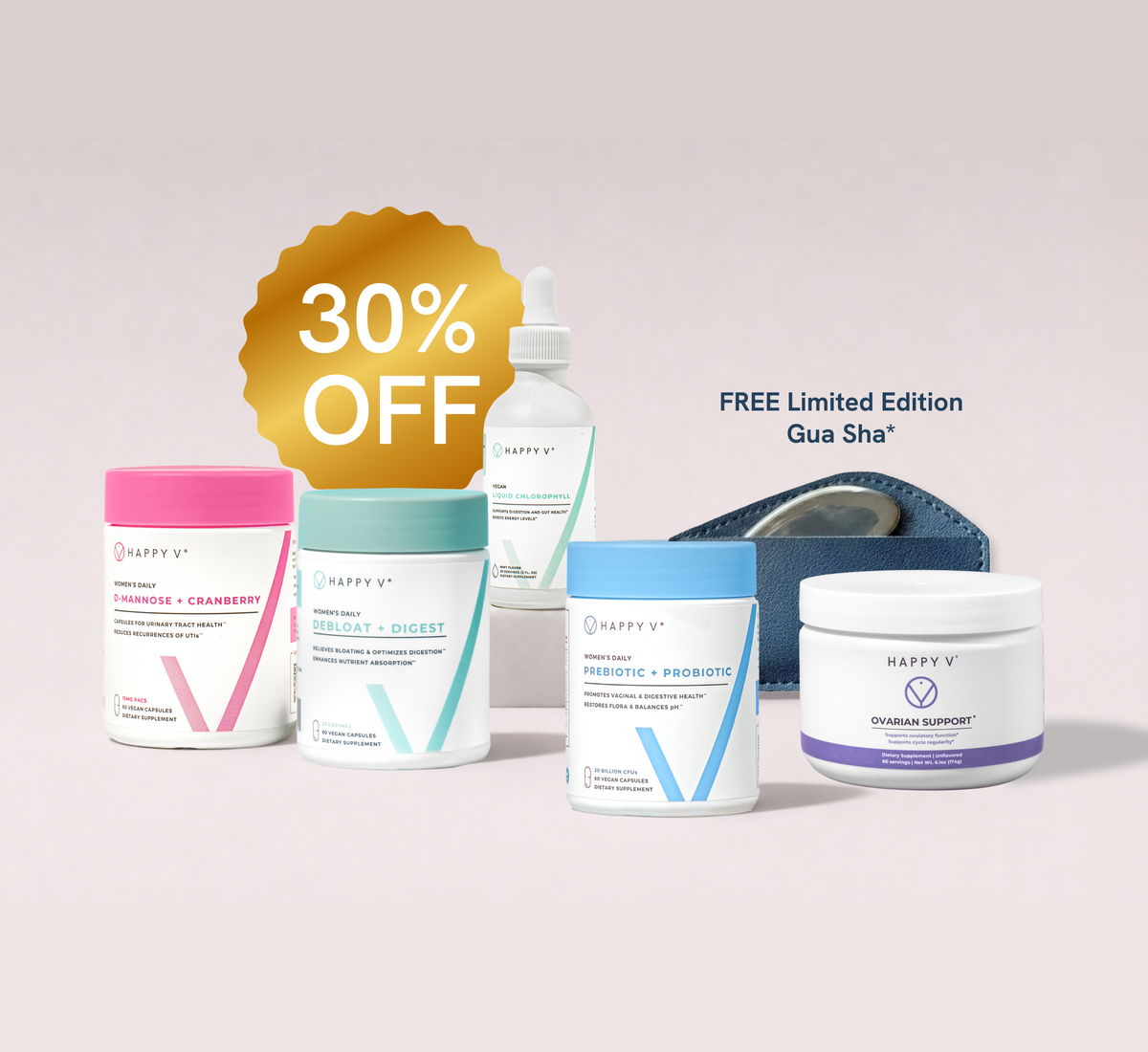 Happy V Total Care Kit products arranged on a pale background