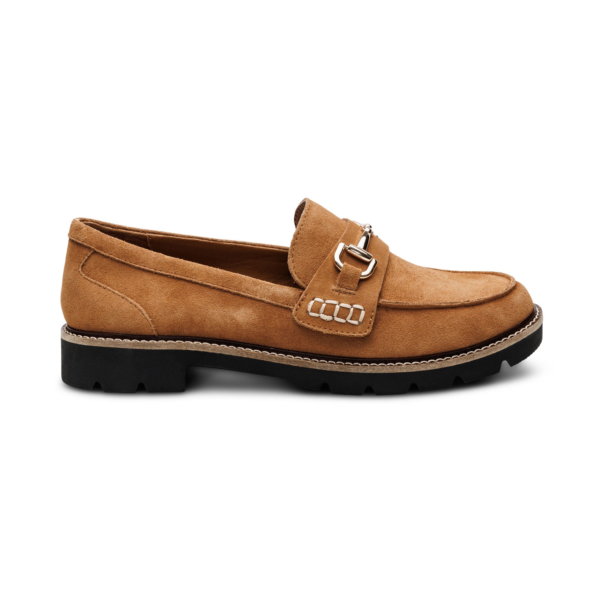 Aetrex Collette tan suede loafer in a side view