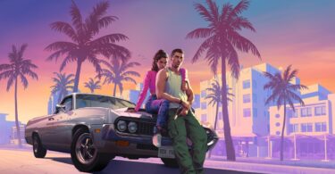 Jason e Lucia appoggiati a un auto davanti allo skyline di Vice City