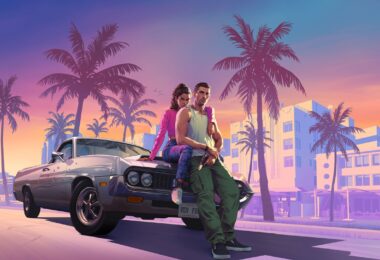 Jason e Lucia appoggiati a un auto davanti allo skyline di Vice City