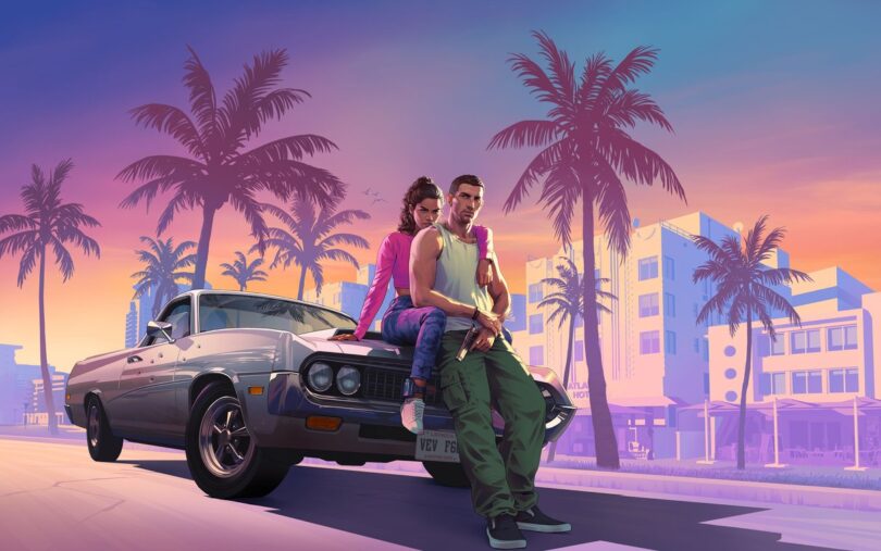 Jason e Lucia appoggiati a un auto davanti allo skyline di Vice City