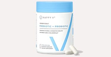 Happy V Prebiotic and Probiotic supplement bottle on a gray background