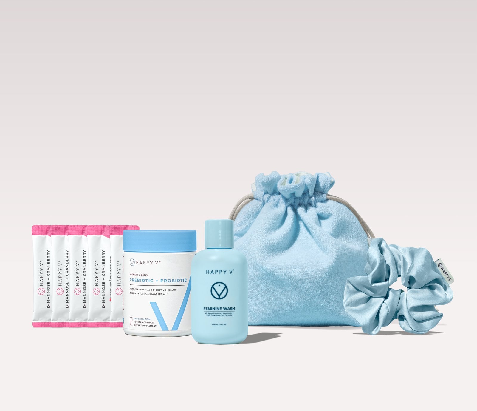 Happy V vaginal balance kit products on a gray background