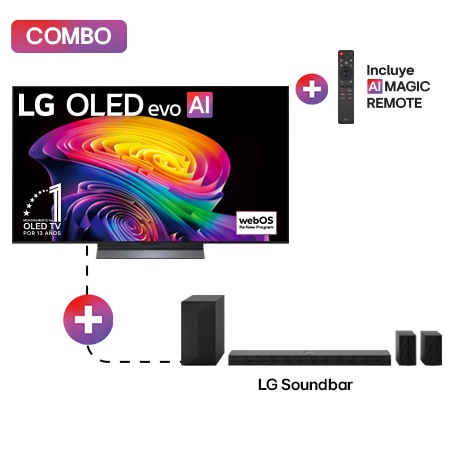 Combo LG OLED evo con televisor, barra de sonido y control remoto