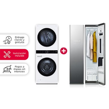LG WashTower junto a un armario de cuidado de ropa