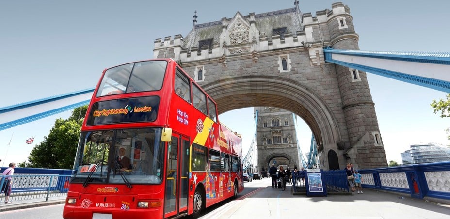 City Sightseeing open-top bus crossing Tower Bridge in London