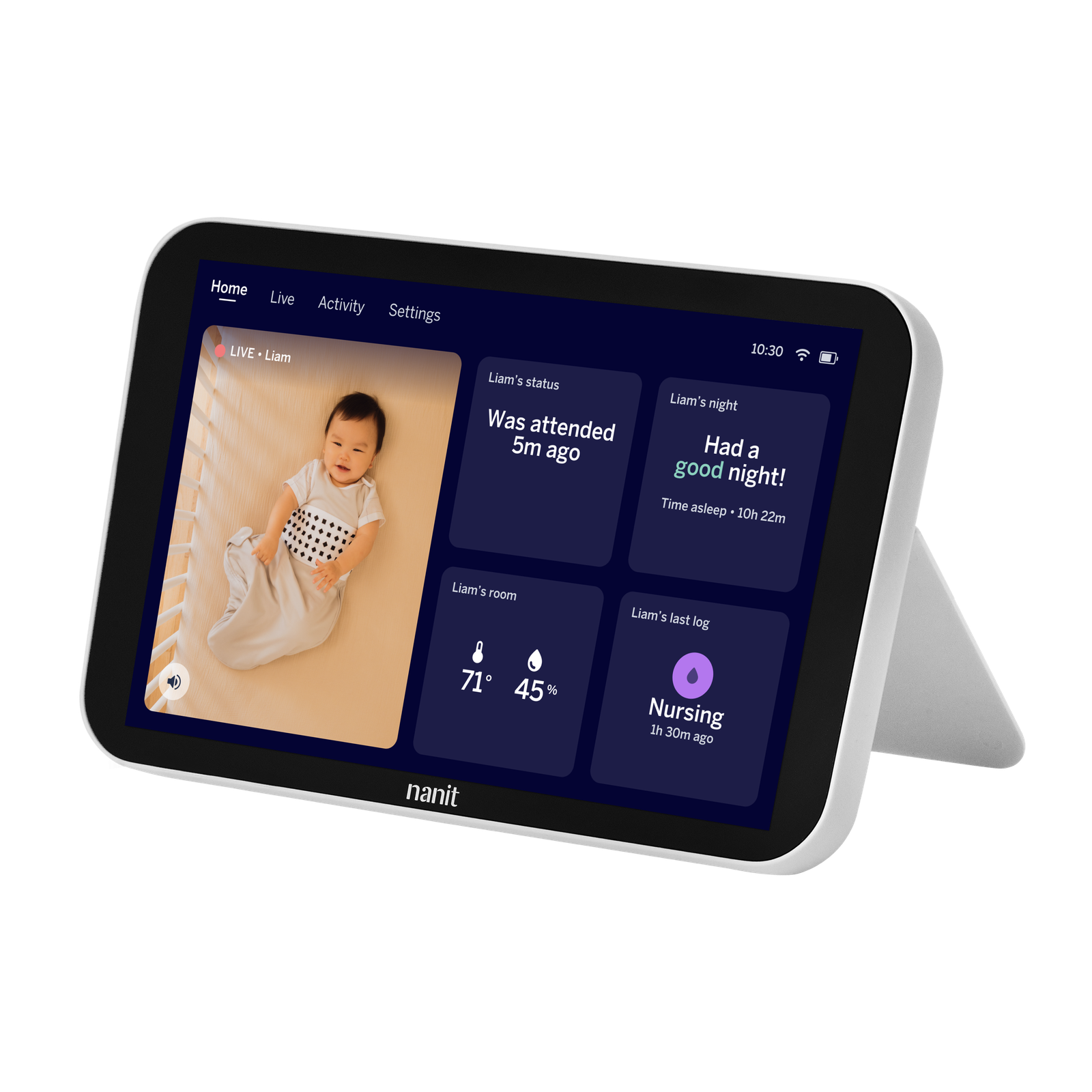Nanit Home 8 inch Display showing a baby monitor view