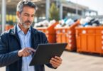 Uomo che usa un tablet vicino a contenitori per rifiuti