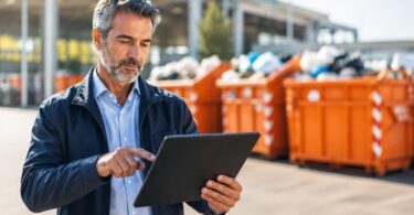 Uomo che usa un tablet vicino a contenitori per rifiuti