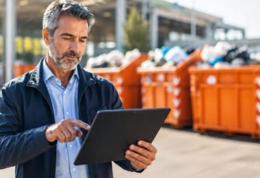 Uomo che usa un tablet vicino a contenitori per rifiuti