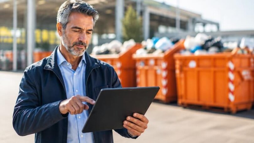 Uomo che usa un tablet vicino a contenitori per rifiuti