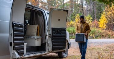 Portable power station and campervan in an outdoor campsite scene