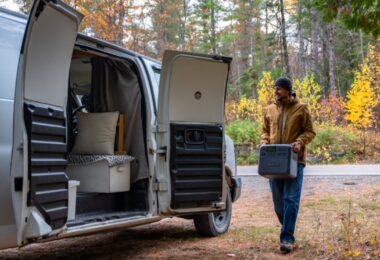 Portable power station and campervan in an outdoor campsite scene