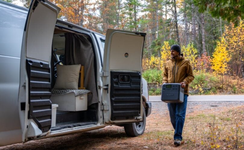 Portable power station and campervan in an outdoor campsite scene