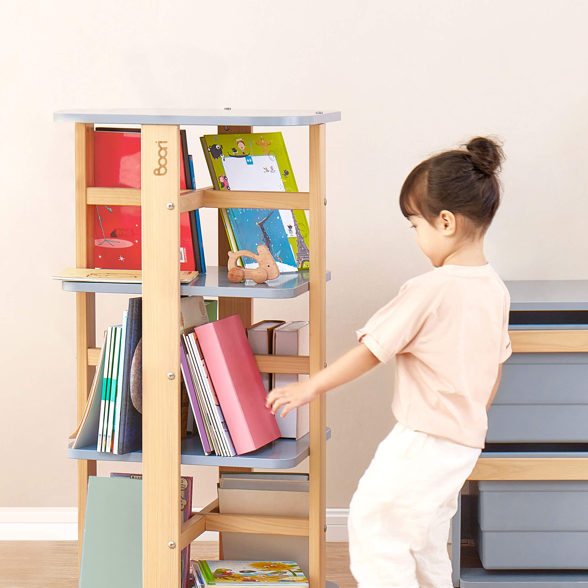 Boori Tidy Rotating Bookshelf in a reading space