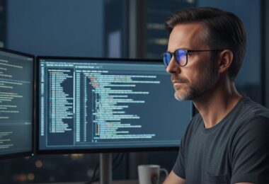 Persona trabajando frente a una computadora en una escena de uso