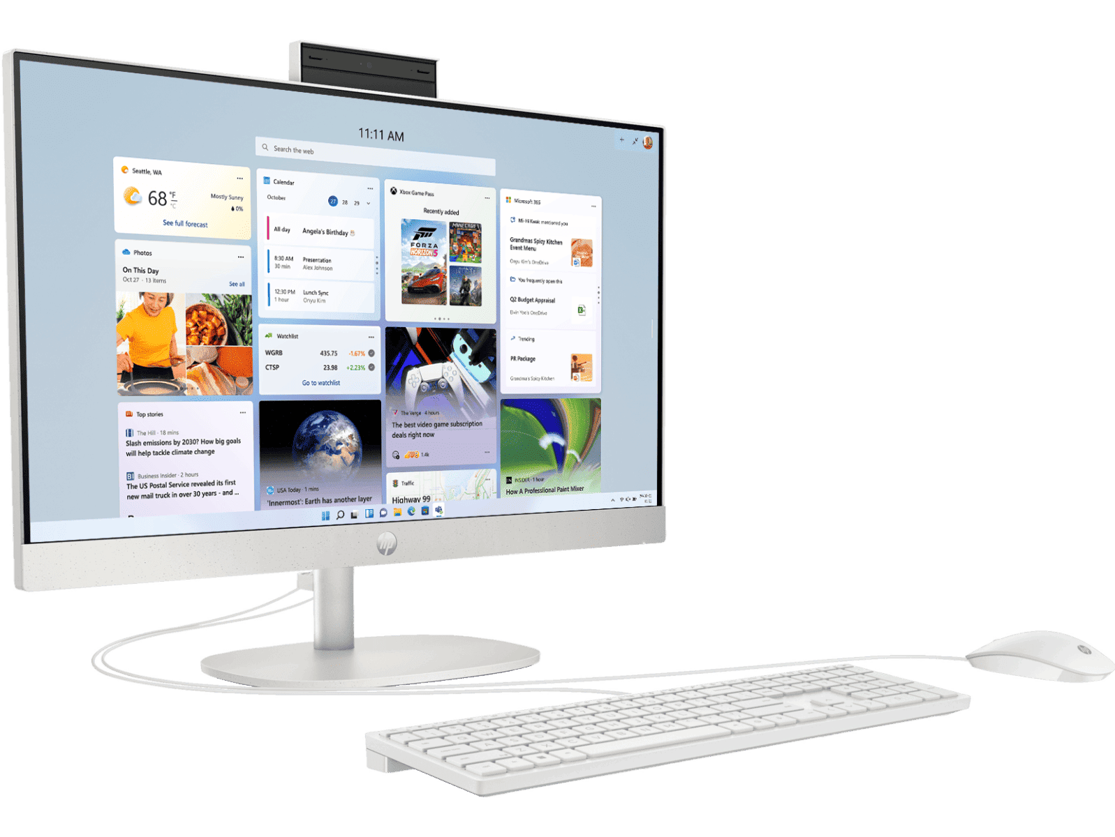 HP all-in-one desktop computer with an integrated display, keyboard and mouse