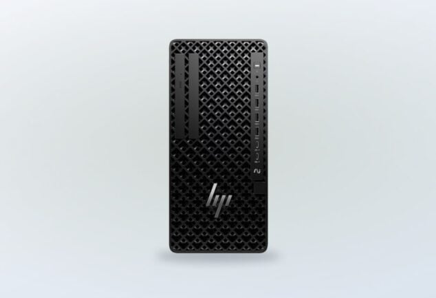 Black HP desktop tower with a front panel of ports