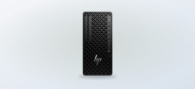 Black HP desktop tower with a front panel of ports