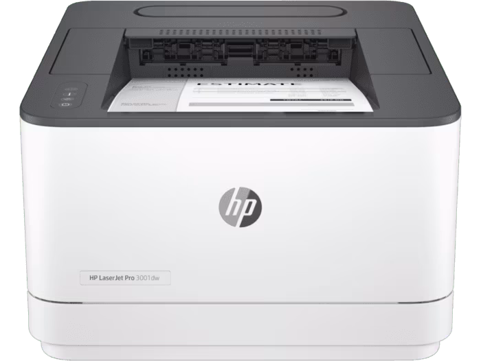 White HP LaserJet Pro printer with paper output tray