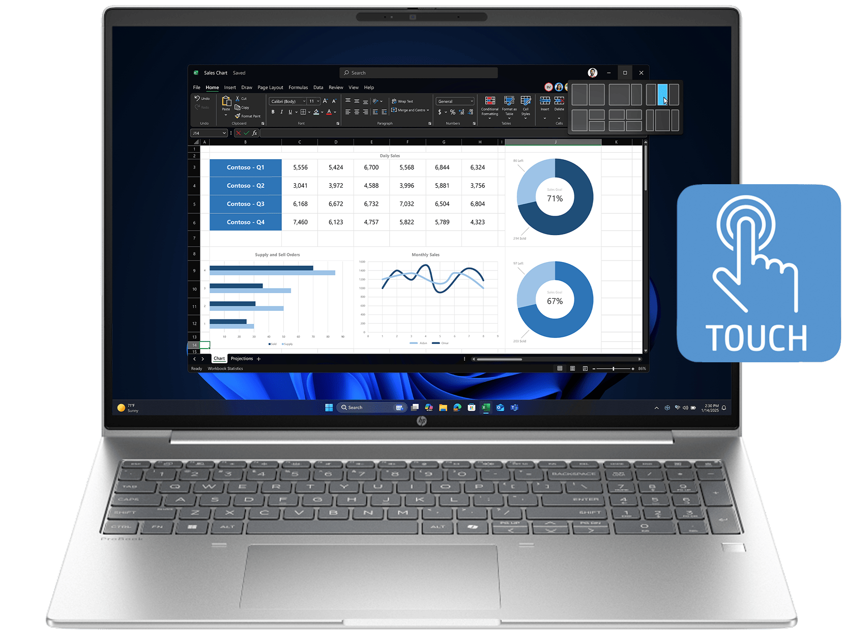 Silver HP notebook computer with a large display, keyboard and touch icon