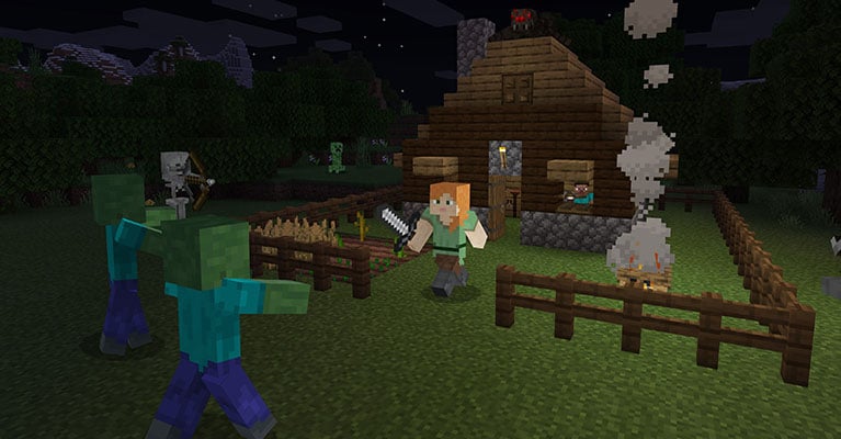 Scena notturna di gameplay di Minecraft
