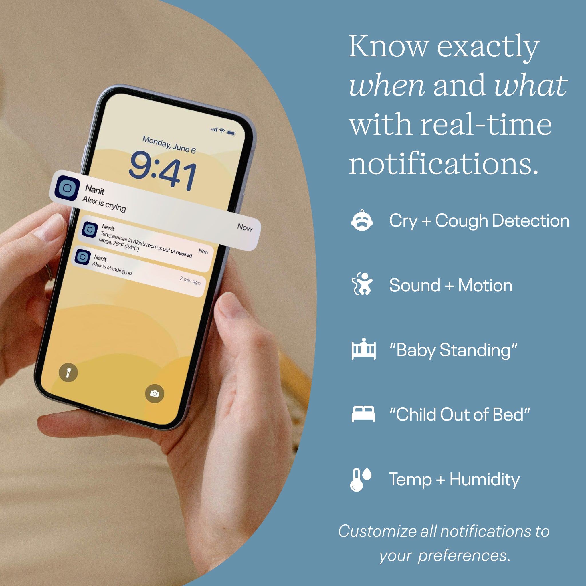 Phone displaying a Nanit baby monitor notification