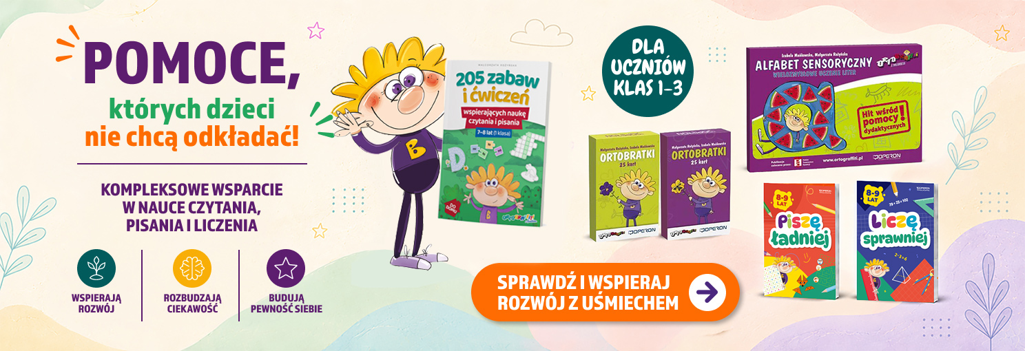 Baner Operon pokazuje pomoce edukacyjne do czytania, pisania i liczenia dla klas 1-3