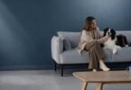Mujer con perro en un sofá, escena de hogar