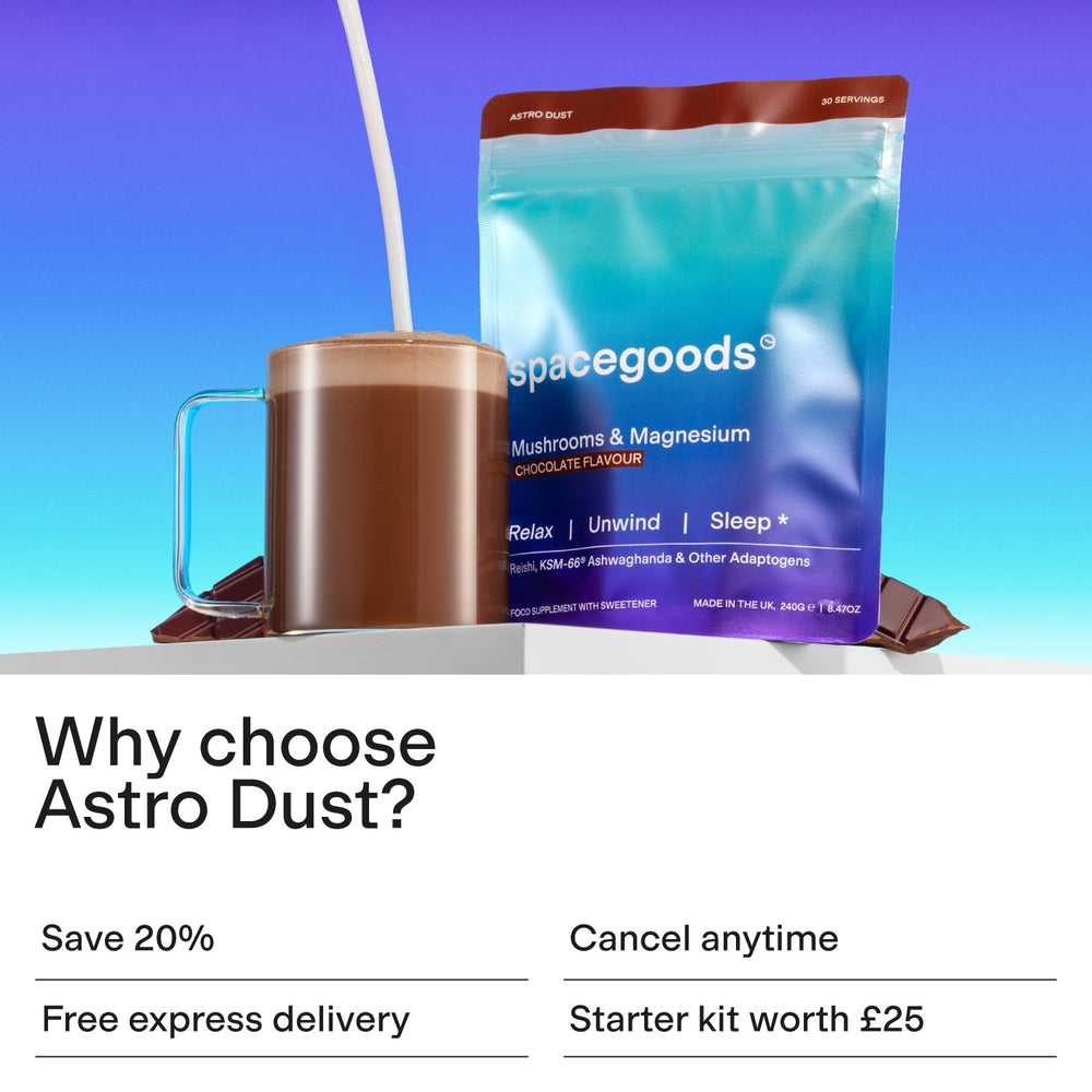 Astro Dust pouch beside a chocolate drink