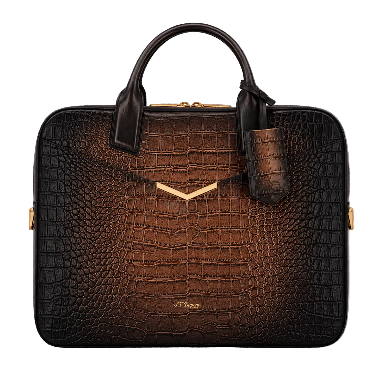 Havana brown crocodile-embossed leather briefcase with a structured silhouette